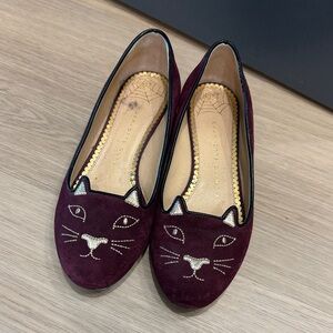 Charlotte Olympia Wine Suede Cat Face Loafers